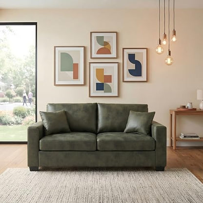 Eafurn 69" Small Loveseat Sofa Couch, Mid-Century Modern PU Leather 2-Seater Sofa with Wood Frame & 2 Pillows, Compact Space-Saving Couch for Living Room, Apartment, Office - color: Olive Green 69"