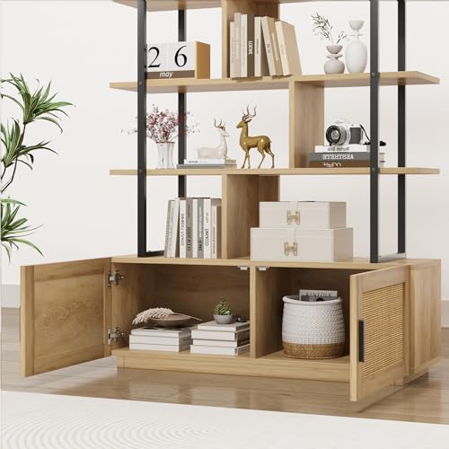 IDEALHOUSE 5 Tier Tall Bookshelf with Open Display Shelves, 71 Inch Rattan and Metal Frame Bookcase with Storage, Multi-Use Bookcase for Living Room, Bedroom, and Home Office - color: Natural Wood