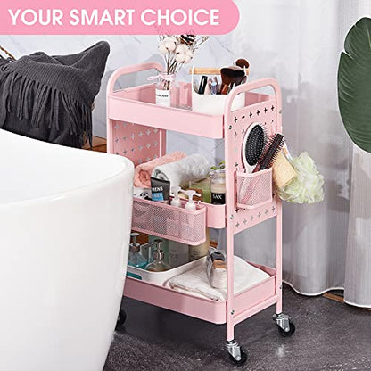 TOOLF 3-Tier Rolling Cart, Metal Utility Storage Cart with DIY Pegboards, Art Craft Trolley with Baskets Hooks, Organizer Serving Cart Easy Assemble for Office, Home, Kitchen, Classroom (Pink) - color: Pink