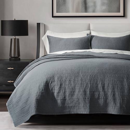 EVERGRACEHOME Cotton Sateen Channel Quilt Set, Queen Size, Midnight Blue | 100% Cotton, Pre-Washed Soft Coverlet Bedspread, 3-Piece Refined Channel Stitch Bedding Set for All Season, 2 Pillow Shams - color: Midnight Blue - Refined Channel, size: Full/Quee