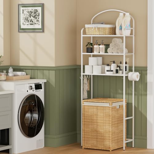 3 Tier Over The Toilet Storage Rack, Bathroom Organizer | Toilet Storage with 4 Hooks & Paper Holder, Space-Saving, Freestanding Bathroom Shelf, Metal, White - color: White, size: 3-tier