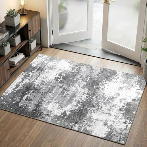 Entryway Rug 3x5 Grey Door Mat Indoor Entrance 36x60, Washable Small Throw Rugs for Kitchen Floor, Entry, Front Door, Bedroom Bedside, Non-Slip Low Pile Stain & Fade Resistant, Abstract Gray - color: Grey, size: 3' X 5' (Rectangular)