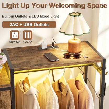 Shoe Cabinet with 2 Flip Drawers and Coat Rack, 41.3" W | Charging Station&LED Lights, 4 Side Hooks, Adjustable Shelves, Hidden Shoe Storage Cabinet, for Entryway, Hallway