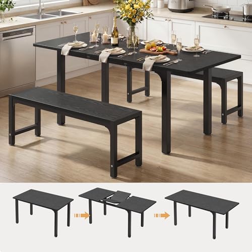 63“ Extendable Dining Table Set with 180° Smart-Flip Pivot, Black | Dining Table Set for 4,Kitchen Table with Bench,Small Dining Table,Perfect for Small Space,Dinner Room Table Set for 6 - color: Black