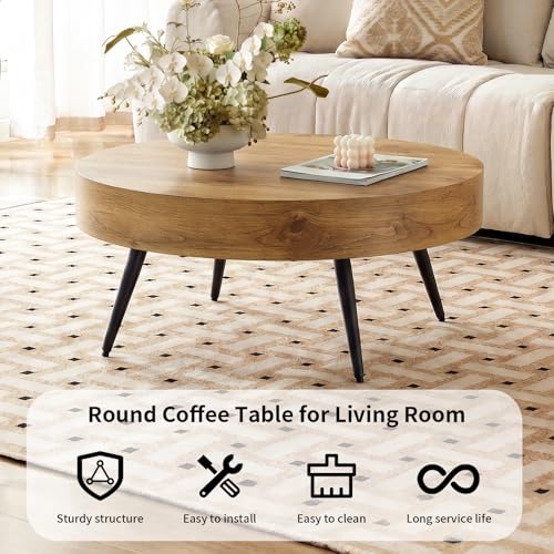 Round Coffee Table, Mid Century Small Coffee Table with Metal Legs, Wood Coffee Table Accent Center Table for Living Room Apartment Small Space (31.5''D-Brown) - color: Brown