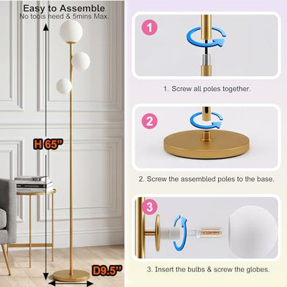 Fiqevs 3 Globe Floor Lamp Mid Century Modern, Gold Standing Lamp with Frosted Glass Shade & LED Bulbs, Tall Pole Light with Foot Switch for Living Room Bedroom Office - Antique Brass - color: 3 Globe- Gold