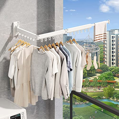 Wall Mounted Foldable Clothes Drying Rack, Heavy Duty 3-Fold Laundry Airer with Ring Hook Design, Space Saving Aluminum Rack for Balcony Bathroom Laundry Room,White Rings - style: White-Rings