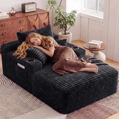 67" Oversized Chaise Lounge Indoor, Upholstered Deep Seat Cloud Couch Corduroy Lounge Chair, Modern Sofa Bed Loveseat Sleeper Chair for Living Room Bedroom Apartment, Black - color: Black, size: 67"