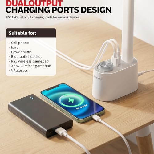 Honeywell LED Desk Lamp, Sunturalux™ White Desk Lamps for Home Office USB | Foldable LED desk lamp with USB-C/A charger, RG0 eye-safe, CRI95, stepless dimming 10%-100%, 3 color temps (3000K-5000K) - color: White