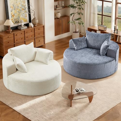 55" Oversized Round Chaise Longue Chair Indoor, Upholstered Chenille Circle Single Cloud Reading Sofa Chair Deep Seat Modern Boneless Sleeper Couch No Assembly Required, Grey - color: Grey, style: 55"Chenille