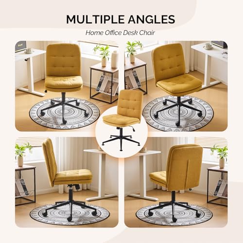 VINGLI Mid Back Armless Office Desk Chair with Wheels/no Wheels,360°Rocking Swivel Vanity Chair with Thickened Cushion,Adjustable Height Rolling for Reading Room, Make up, Linen Ginger Yellow - color: Ginger Yellow