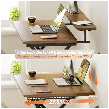 WOHOMO Folding Computer Desk with Monitor Stand, Adjustable Height, Walnut | Foldable Table Small Office Desk for Bedroom, Space Saving Desk for Home Office, Easy Assembly - color: Walnut