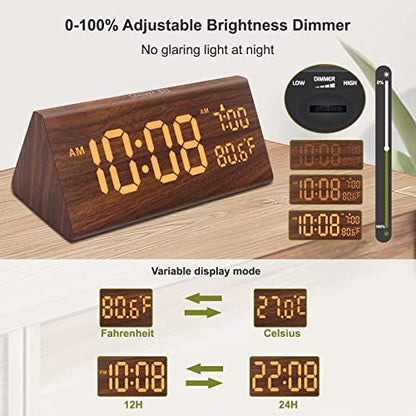 DreamSky Wooden Digital Alarm Clock for Bedroom with USB Port | 7.7" Electric Clocks with Large Numbers, Temperature, 0-100% Brightness Dimmer, Adjustable Alarm Volume, Snooze, 12/24H - color: Amber