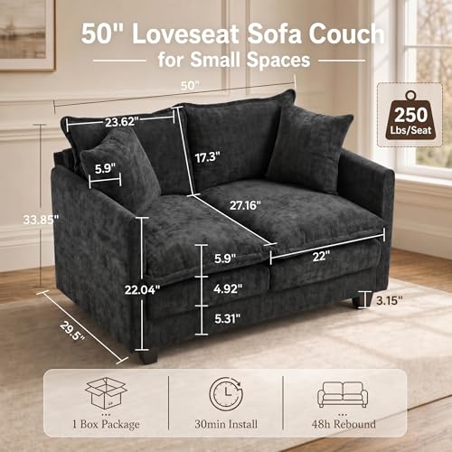 50" Love Seat, Small Cloud Sofa Couch with 2-Layer Cushion & 27" Deep Seat, 2 Pillows for Small Spaces, Bedroom, Apartment, Office, Living Room, in a Box, Black - color: Black, size: Loveseat
