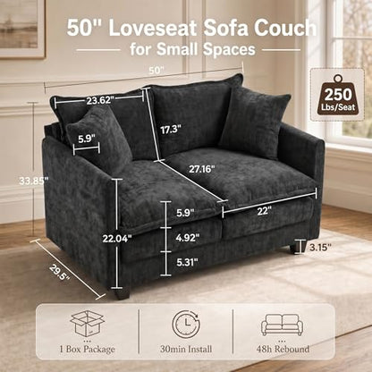 50" Love Seat, Small Cloud Sofa Couch with 2-Layer Cushion & 27" Deep Seat, 2 Pillows for Small Spaces, Bedroom, Apartment, Office, Living Room, in a Box, Black - color: Black, size: Loveseat