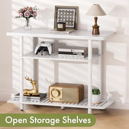 Bamboo TV Stand, Small TV Stands for up to 32 Inch, 3-Tier Console Table with Storage, Sturdy Entertainment Center TV Shelf, Entryway Table for Bedroom Small Space, White - color: White