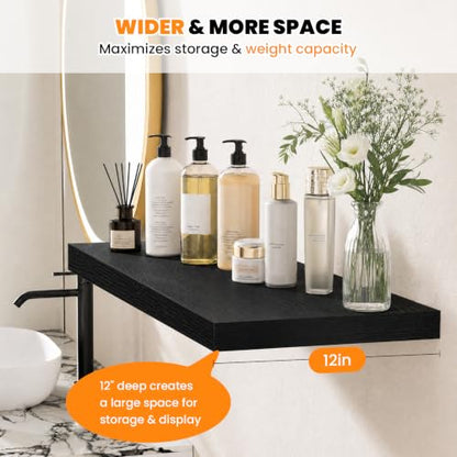 RICHER HOUSE 55 Inch Long Floating Shelves, 12 Inch Deep Black Wall Shelf | Wide Wall Shelves for Bedroom Kitchen Bathroom Wall Mounted Shelves, Rustic Wooden Bookshelf with Invisible Bracket, 2 Pack - color: Black, size: 55in