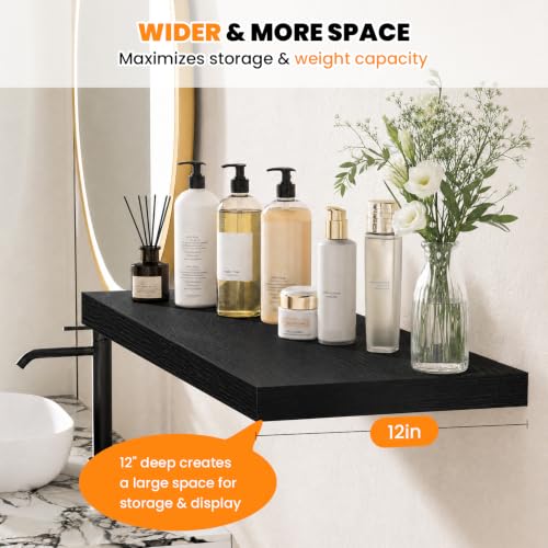 RICHER HOUSE 12 Inch Deep Floating Shelves, 36 Inch Long Wall Shelf, Black | Rustic Wood Wall Mounted Shelves, Bookshelf Set of 2 with Invisible Bracket for Display Bathroom Bedroom Kitchen Living Room - color: Black, size: 36in