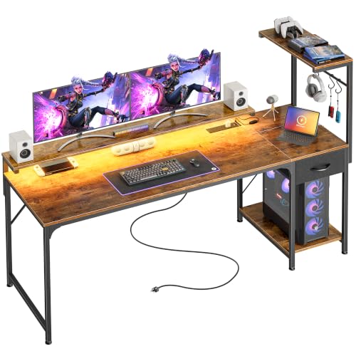 63 Inch Gaming Desk with LED Lights & Power Outlets | Computer Desk with Drawer & Storage Shelves, Office Writing Desk with Monitor Stand for Work from Home, Rustic Brown - color: Rustic Brown, size: 63 Inch