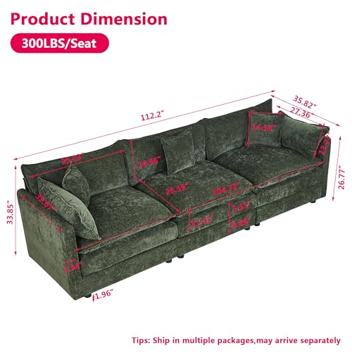 Aoowow Modular Sectional Sofa,112.2 Inch Deep 3-Seater Sofas Comfy Chenille Cloud Sofas and Couches with Pillows for Living Room Apartment（Green） - color: Green-new, size: 3 Seat