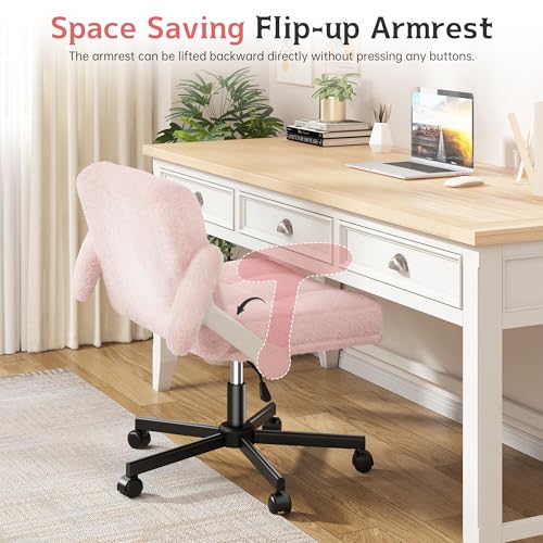 DurayLoly Criss Cross Chair with Wheels and Flip-up Arms | 360° Swivel,Plush Teddy Fabric Cross Legged Chair, Adjustable Height for Bedroom, Home Office, Apartment,Vanity,Pink - color: Light Pink
