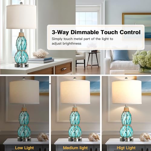 Rinweey 26" Coastal Glass Table Bedside Lamps Set of 2, 3-Way Dimmable Touch Lamps with USB Ports and AC Outlet, Nautical Nightstand Lamps for Bedroom Living Room,Teal - color: Teal
