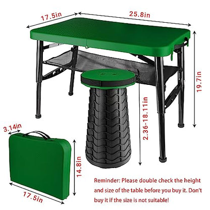 Small Folding Table and Stool, Portable, Adjustable Height, Camping & Picnic Table, 4 Foot, Lightweight - color: Green