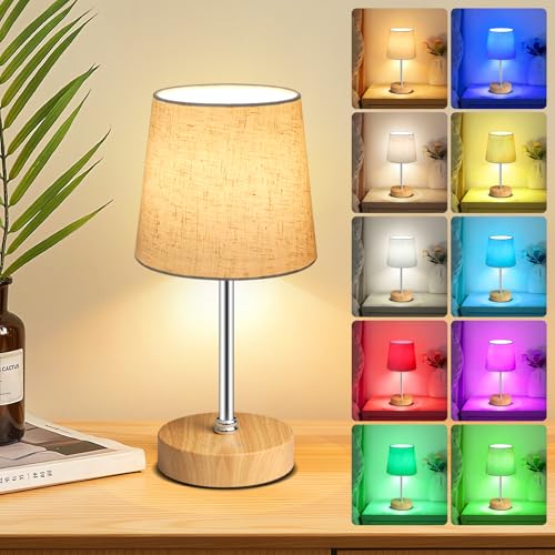 Wowag Small Cordless Table Lamp,5000mAh Rechargeable Battery Operated Desk Lamp,3 Colors & 7 RGB Stepless Dimmable, Portable Touch Bedside Night Light for Patio Restaurant Home,Wood Base,Flaxen Shade - color: Wood+Flaxen Shade, size: 11.4in
