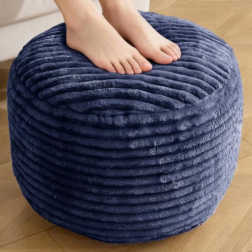 Round Ottoman,Corduroy Pouf Foot Rest,Navy,18x14 in | Storage Ottoman Footstool for Living Room,18x14 Soft Floor Poufs,Memory Foam Filling,Footrest only - color: Navy, size: 18"D x 18"W x 14"H