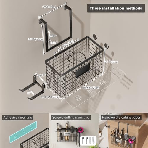 Voldra Hair Dryer Holder Cabinet Door, Adhesive Hair Tool Organizer Wall Mount Adjustable Height Blow Dryer Holder Under Sink/Countertop for Flat Curling Iron, Hair Brush and Straightener (1, Black) - color: Black