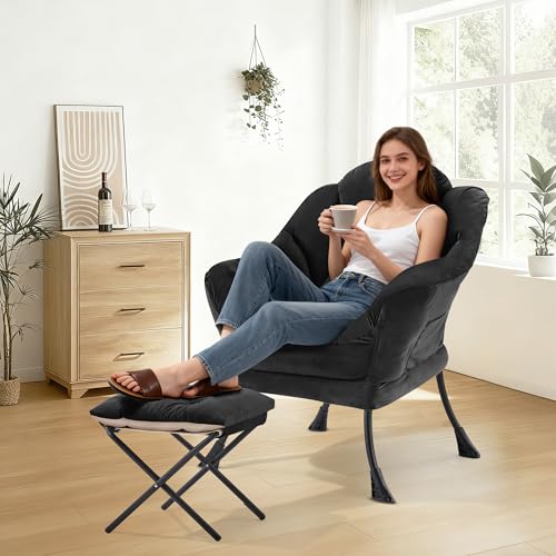 Lazy Chair with Ottoman, Modern Accent Lounge Chair with Side Pocket and Armrests, Cozy Reading Armchair with Footrest, Upholstered Sofa Chair for Small Spaces, Bedroom Living Room, Black - color: Black