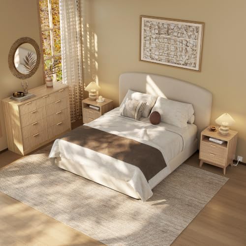 LYNCOHOME Fluted Nightstand with Charging Station, 19.7 inch Wide End Table with 2 Drawers, Modern Wood Bedside Table for Bedroom,Natural,1 Pcs - color: Natural, size: 15"D x 19.7"W x 25.5"H（2 Drawers）