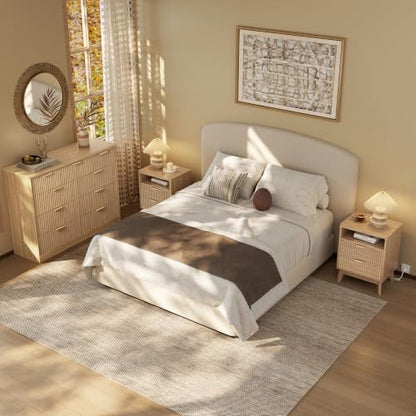 LYNCOHOME Fluted Nightstand with Charging Station, 19.7 inch Wide End Table with 2 Drawers, Modern Wood Bedside Table for Bedroom,Natural,1 Pcs - color: Natural, size: 15"D x 19.7"W x 25.5"H（2 Drawers）