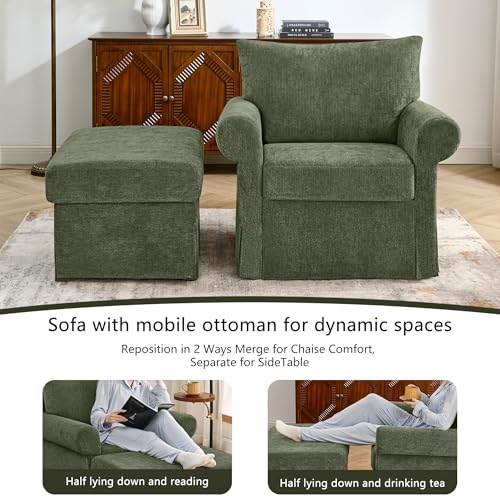 Eafurn Modern Chenille Accent Chair with Ottoman for Small Space, Comfy Upholstered Reading Chairs Lounge Armchair with Foot Rest, Sturdy Solid Wood Frame for Living Room - color: Green 37.5"