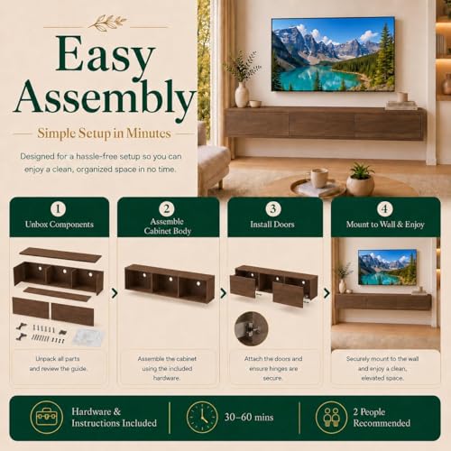 Brown Floating TV Stand Wall Mounted, 68.9'' TV Console Cabinet | floating tv console for 75-80 inch tv midcentury modern tv stand - color: Brown-e