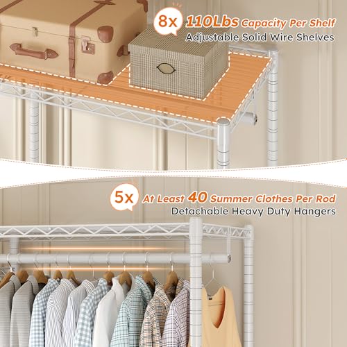 Raybee Clothes Rack,Clothing Racks for Hanging Clothes Heavy Duty,Adjustable Garment Rack with Shelves,rolling clothes rack Max Load 905LBS,75" W x 77" H x 17.8" D,White - color: White, size: 75" W x 17.8" D x 77" H