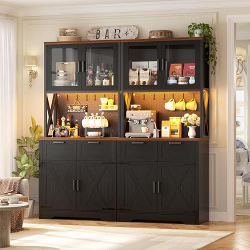 Unikito 71" Kitchen Pantry Cabinet with LED Light & Outlet, Microwave Stand | Black and Rustic, DIY Pegboard Panel, Storage Drawer, Adjustable Shelves, Freestanding Food Pantry Hutch for Dining Room - color: Black+rusitc, size: 32 Inch