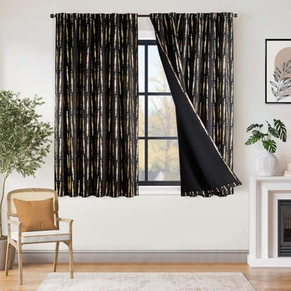 jinchan Boho Blackout Curtains 63 Inch Length Moon Phase Printed Drapes | Gold on Black Farmhouse Curtain for Bedroom Living Room Back Tab Rod Pocket Drapes Room Darkening Window Treatment 2 Panels - color: Luna | Gold on Black, size: 52"W x 63"L (Pack of
