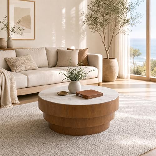 31.5" Round White Sintered Stone Coffee Table, Mid-Century Modern Marble Coffee Table with Stable Wood Pedestal Base, Circle Drum Cocktail Center Tea Tables for Living Room Bedroom Apartment - color: White
