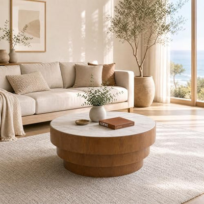 31.5" Round White Sintered Stone Coffee Table, Mid-Century Modern Marble Coffee Table with Stable Wood Pedestal Base, Circle Drum Cocktail Center Tea Tables for Living Room Bedroom Apartment - color: White