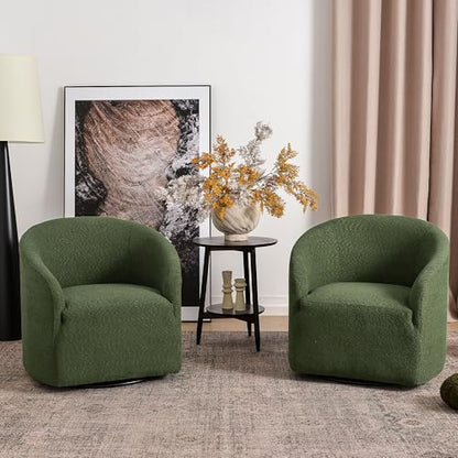 KINWELL 32" Wide Modern Boucle Swivel Barrel Chairs Set of 2, No Assembly Round Upholstered Swivel Accent Armchairs for Living Room, Bedroom (Green) - color: Green, style: Set of 2