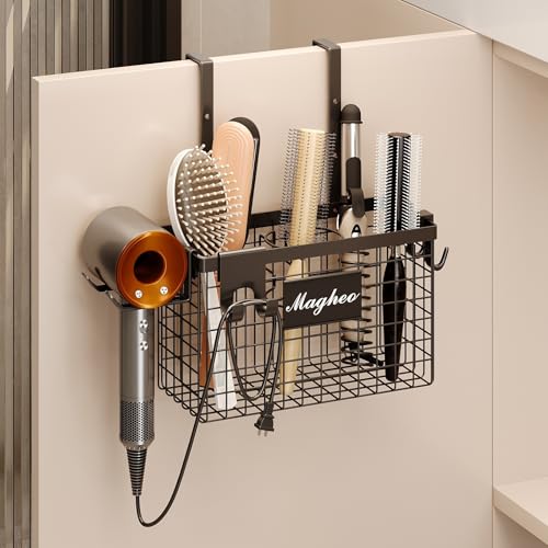 Magheo Hair Dryer Holder Cabinet Door 3-in-1 Adhesive Hair Tool Organizer Wall Mounted Adjustable Height Blow Dryer Holder Under Sink Bathroom Hair Appliance Organizer and Storage Countertop(Black) - color: Black