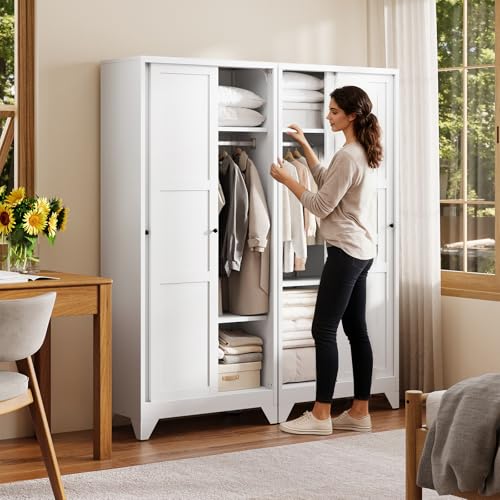 Armoire Wardrobe Closet,20" Deep Armoire Wardrobe Cabinets with Sliding Doors and Shelves,Narrow Slim Coat Closet Cabinet with Hanging Rod for Home (White) - color: White, size: 20"D x 32"W x 68"H
