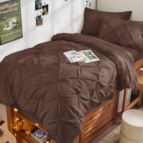 JOLLYVOGUE Twin Comforter Set 5 Pieces - Bed in a Bag Twin for All Season, Pintuck Bedding Comforter Sets with Comforter, Flat Sheet, Fitted Sheet and Pillowcases & Shams, Dark Brown - color: Dark Brown, size: Twin