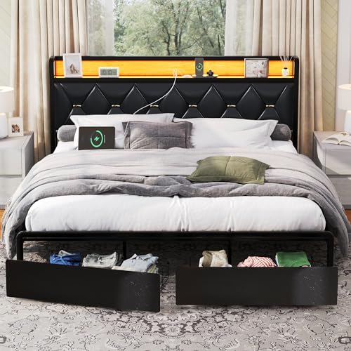 Ailisite Queen Size Bed Frame with Headboard and Storage, Upholstered Black Platform Bed Frame with Typ-C Charging Station,Led Queen Bed Frame with 2 Storage Drawers Upholstered Bed,No Box Spring Need - color: Black, size: Queen