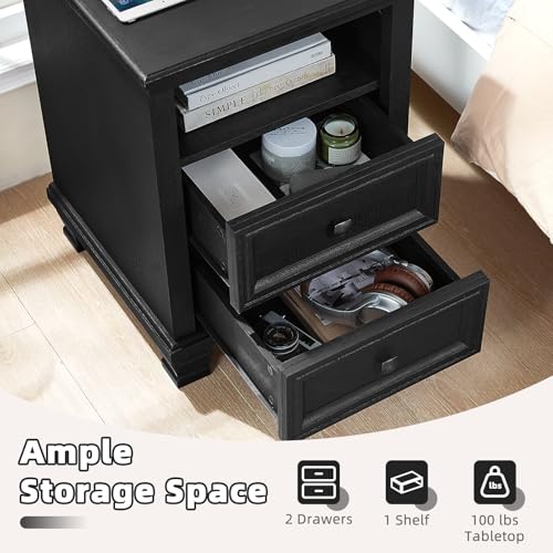 Farmhouse Side Table with Charging Station, Black | Antique Nightstands for Bedroom with Drawers, Bedside Table with Open Shelf & Thickened Top & Square Wooden Legs - color: Black, size: 18"D x 18"W x 25"H (2 Drawers)