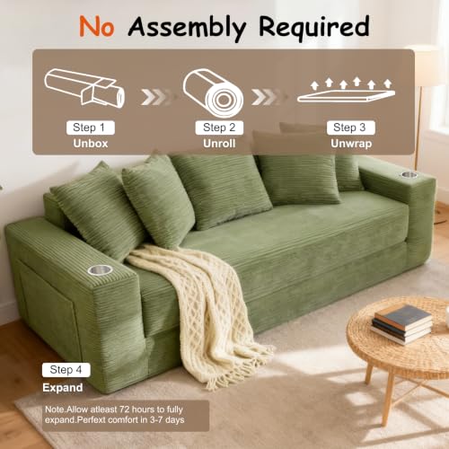 76" Convertible Sofa Bed, Corduroy Boneless Couch with Cup Holders & Pocket | 2-in-1 Sleeper Sofa, Pull-out Couch Bed with 5 Pillows, Living Room, Small Spaces, Bedroom, No Assembly - color: 76"light Green