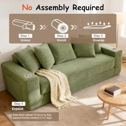 76" Convertible Sofa Bed, Corduroy Boneless Couch with Cup Holders & Pocket | 2-in-1 Sleeper Sofa, Pull-out Couch Bed with 5 Pillows, Living Room, Small Spaces, Bedroom, No Assembly - color: 76"light Green