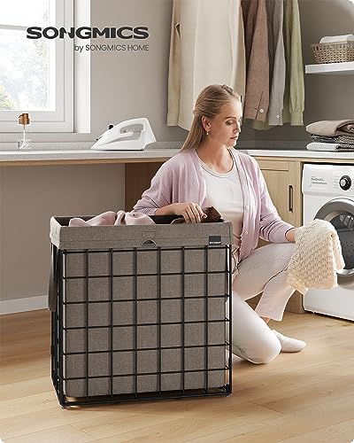 SONGMICS Laundry Hamper, Collapsible, 29 Gal. (110L) | Laundry Basket, Clothes Hamper, Beige and Black, STOUT Collection ULCB111N01 - color: Black + Camel Brown, size: 110 L