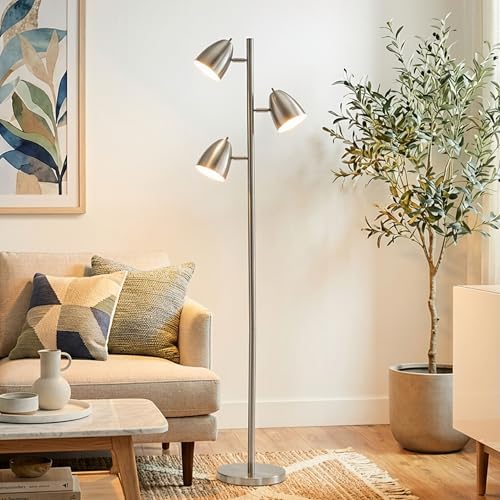 Brightech Jacob LED Standing Lamp, Modern Bright Floor Lamps for Living Rooms & Bedrooms, Tall LED Lighting Lamp with Adjustable 3 Light Tree – Satin Nickel - color: Nickel